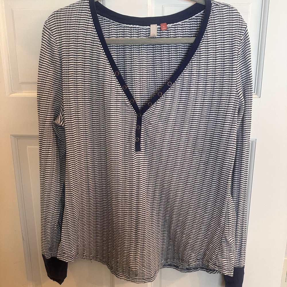 Pilcro for Anthropologie Navy Blue and White Striped Henley - Picture 3 of 6
